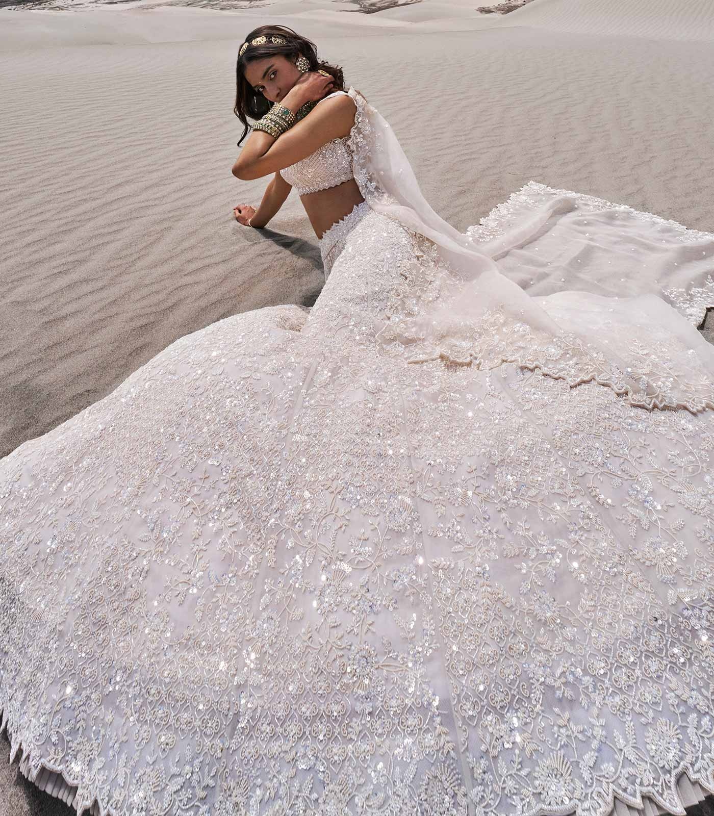 Ivory Couture Bridal Lehenga with Floral Embroidery and Scalloped Detailing