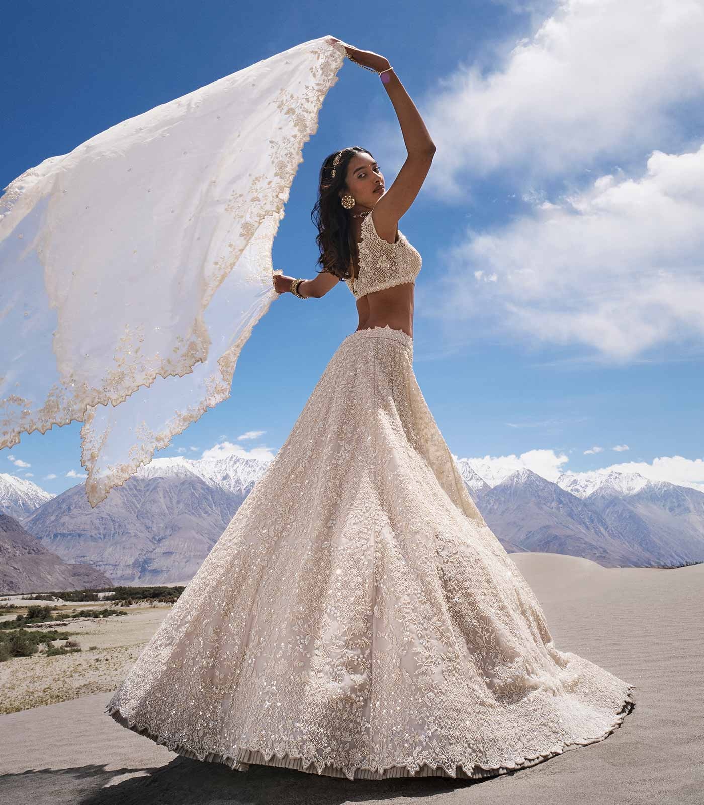 Ivory Couture Bridal Lehenga with Floral Embroidery and Scalloped Detailing