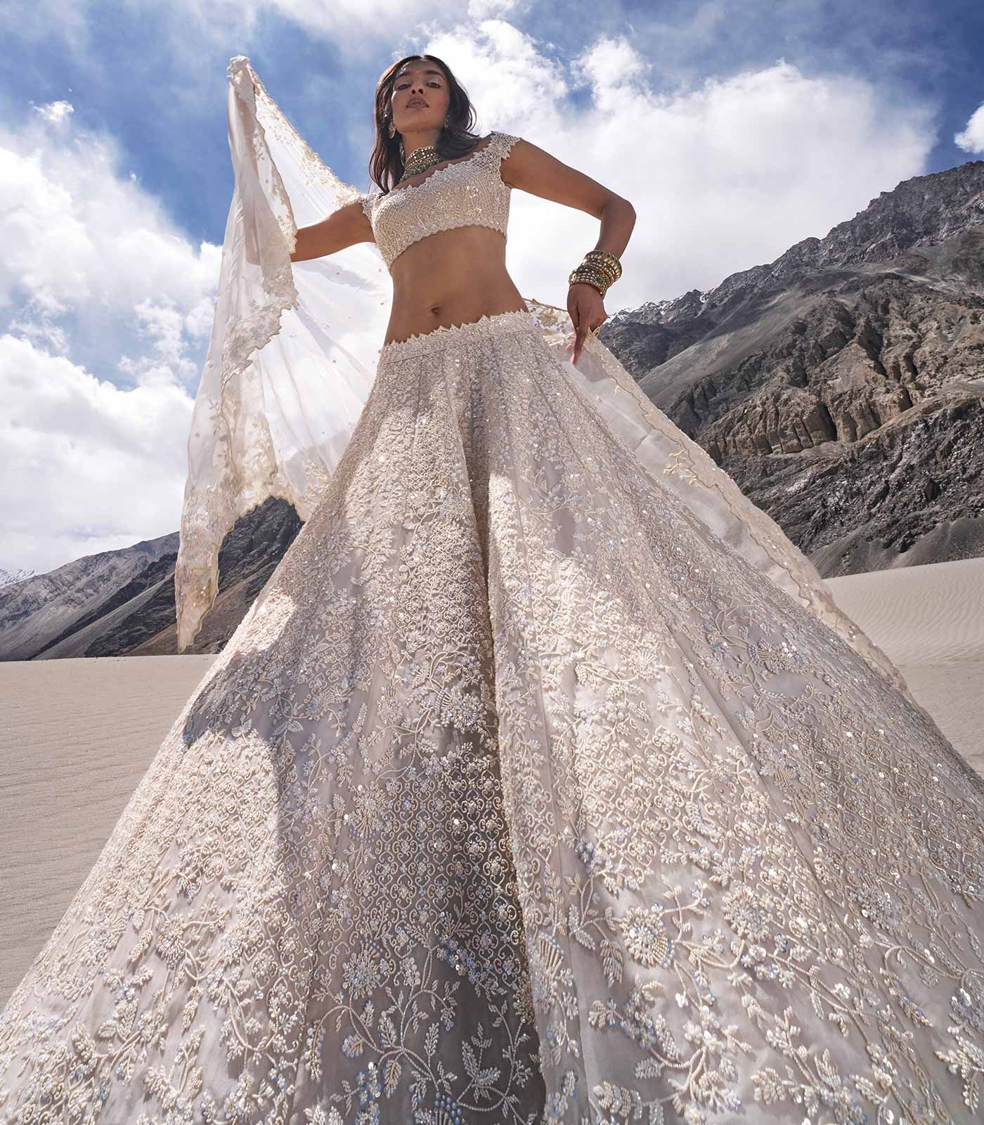 Ivory Couture Bridal Lehenga with Floral Embroidery and Scalloped Detailing