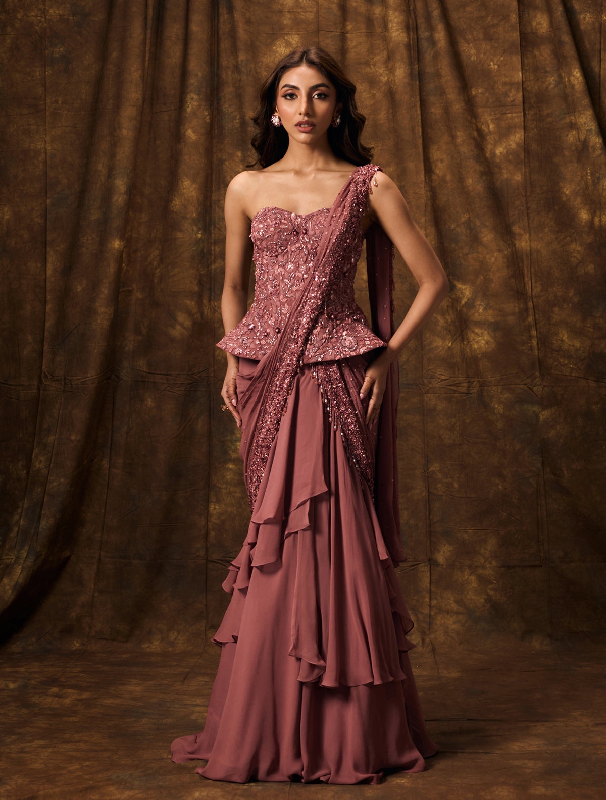 Dusty Rose Embellished Draped Gown with Sculpted Corset Bodice