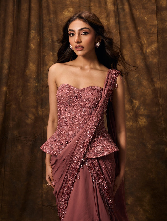 Dusty Rose Embellished Draped Gown with Sculpted Corset Bodice