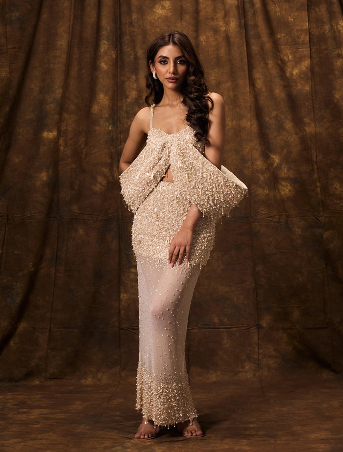 Ivory Embellished Evening Gown with Beaded Fringe Detailing