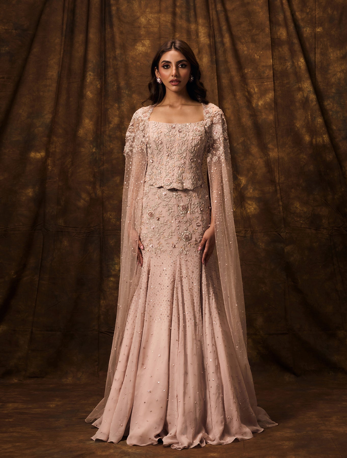 Soft Blush Embellished Gown with Floral Cape Sleeves