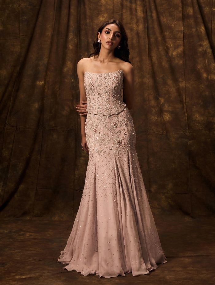 Champagne Blush Embellished Mermaid Gown with Floral Detailing