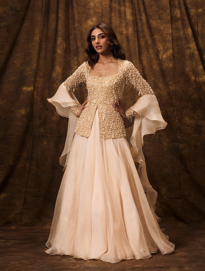 Champagne Embellished Gown with Statement Bell Sleeves