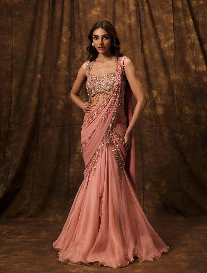 Dusty Rose Draped Sari with Crystal Embellished Corset Blouse
