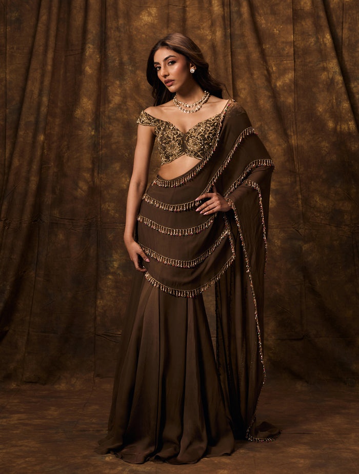 Deep Brown Draped Sari with Embellished Off-Shoulder Blouse