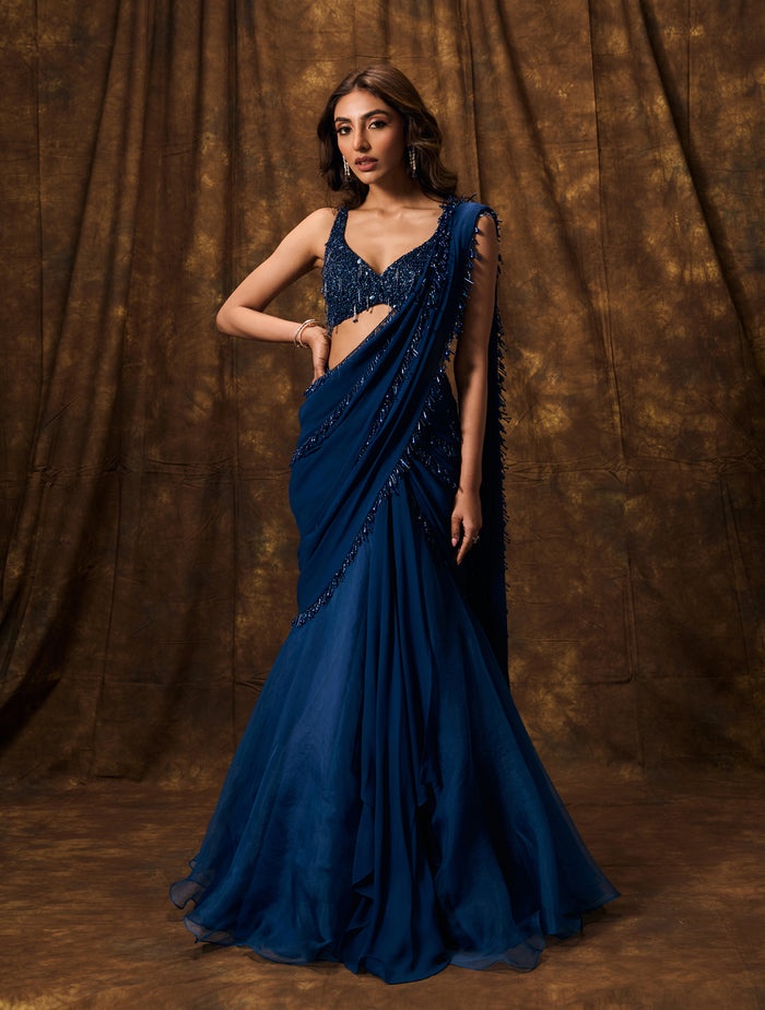 Midnight Blue Draped Sari with Crystal Embellished Blouse