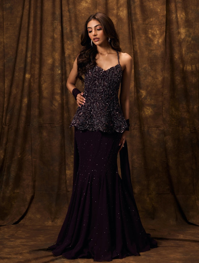 Deep Plum Embellished Peplum Gown