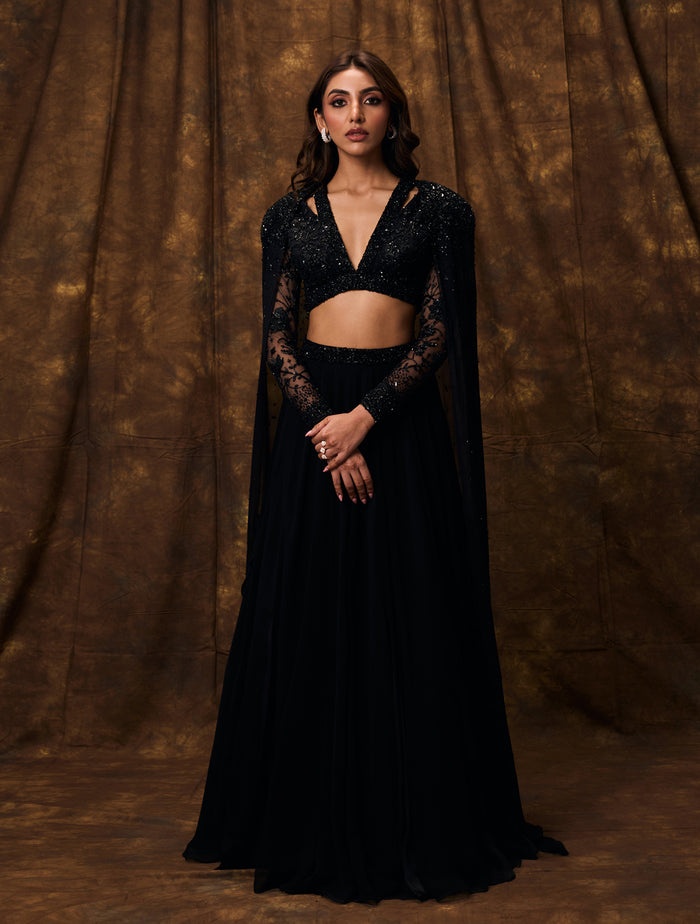 Black Embellished Cape Sleeve Evening Gown