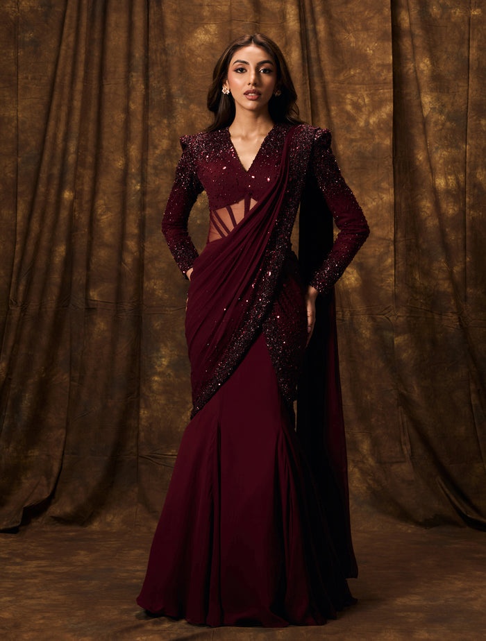 Deep Wine Embellished Sari with Structured Blouse