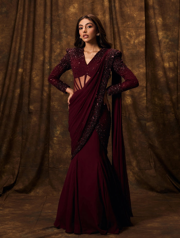 Deep Wine Embellished Sari with Structured Blouse