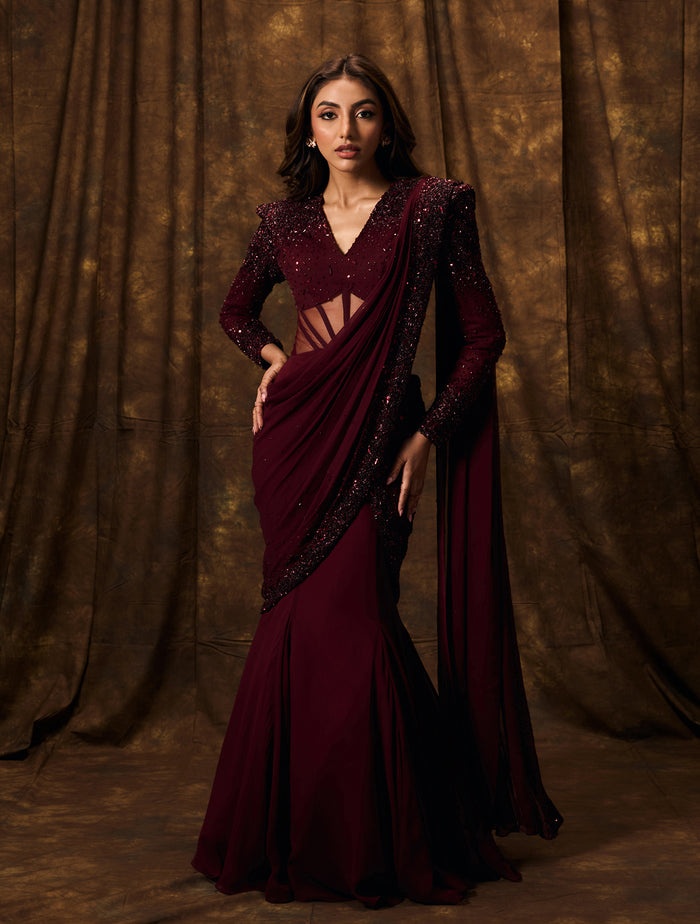 Deep Wine Embellished Sari with Structured Blouse