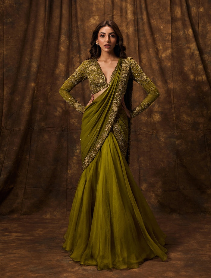Olive Green Embellished Sari with Intricate Long-Sleeve Blouse