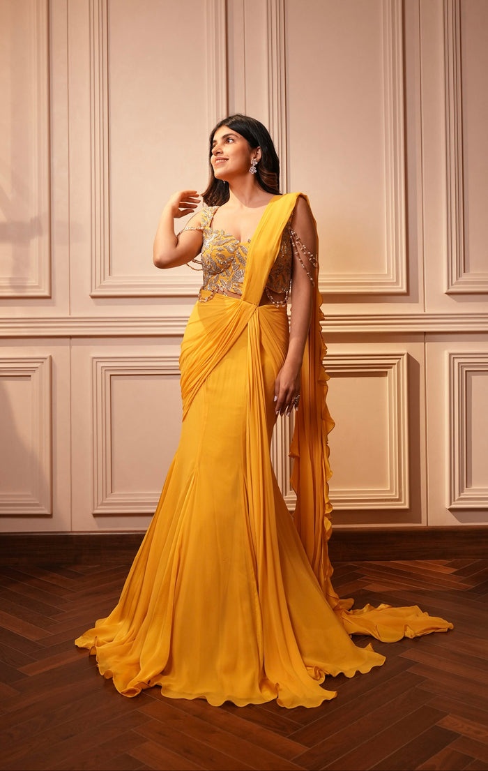 Mustard Yellow Draped Sari with Crystal Embellished Blouse