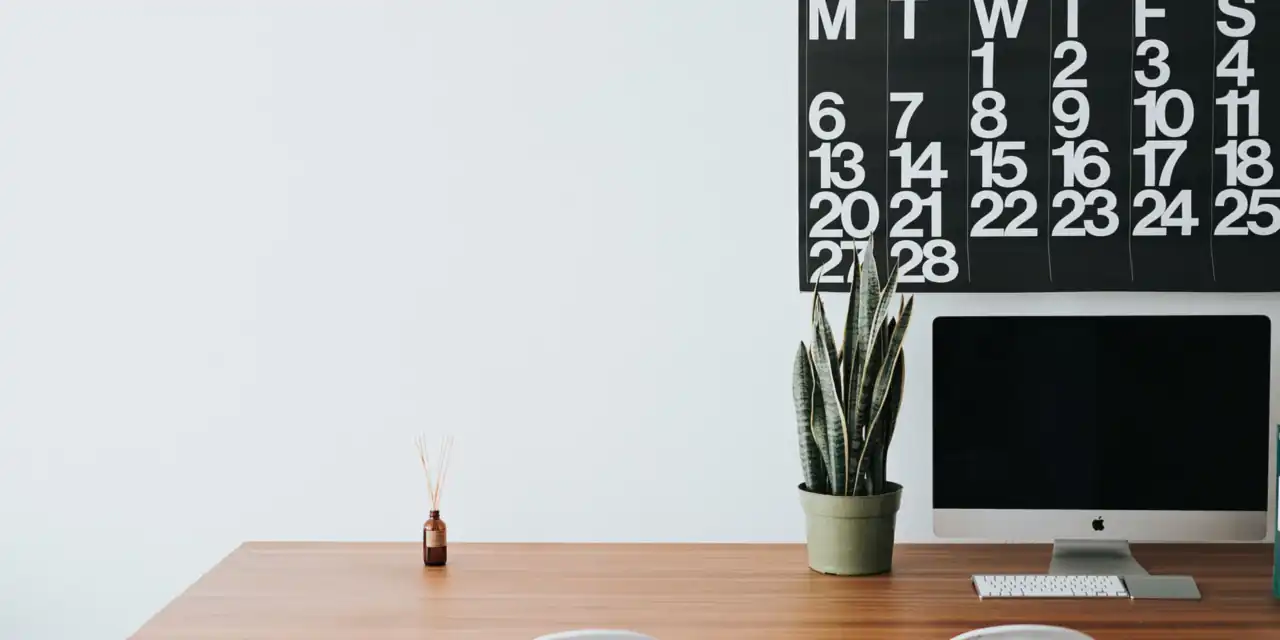 Tidy workspace with a monitor, a plant and a wall calendar