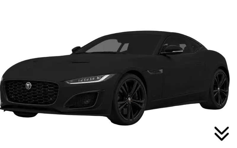 Black Jaguar F-Type sports car angled front view with sleek design and LED headlights.