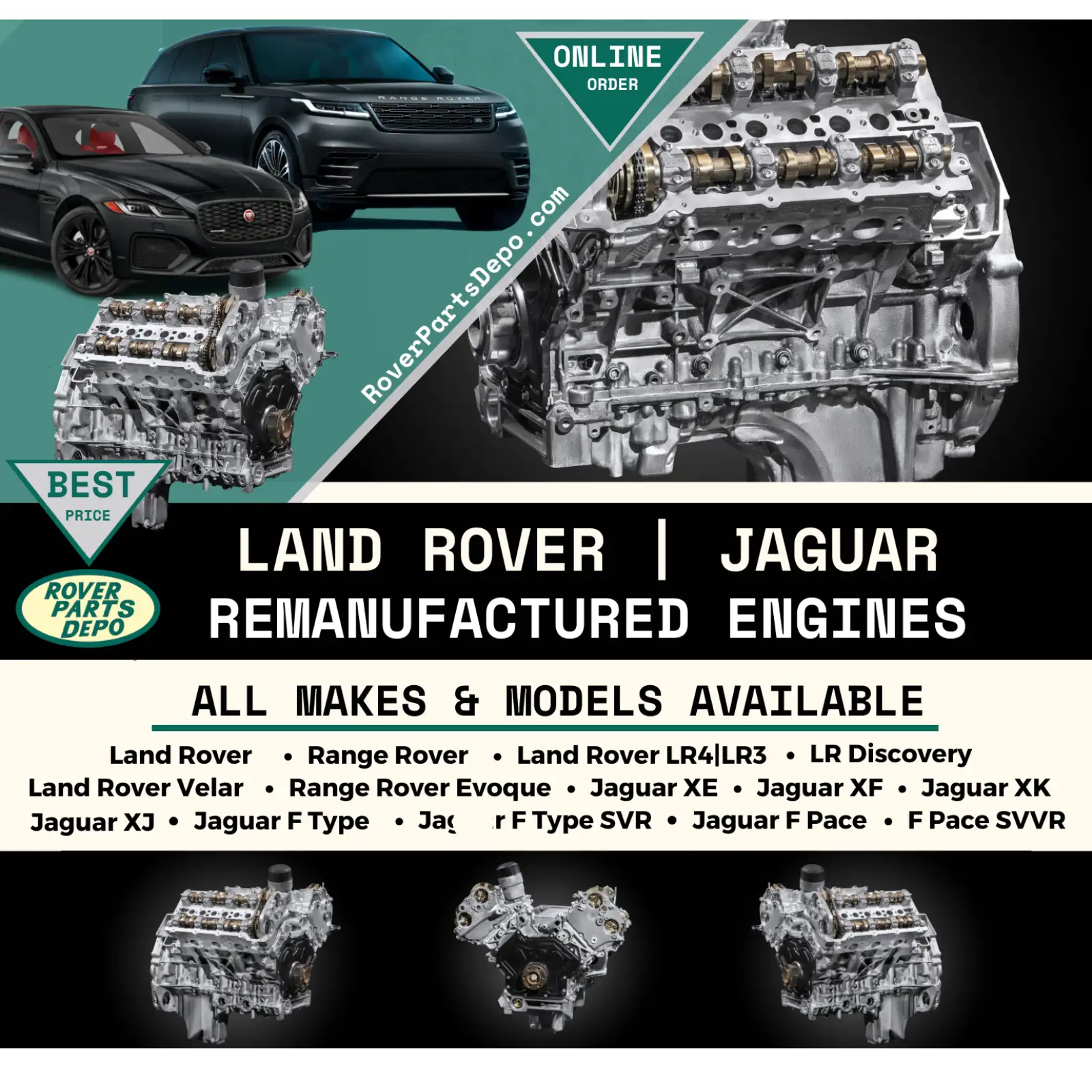 Flyer showing best prices on Land Rover and Jaguar remanufactured engines for all models at Rover Parts Depo – shop online
