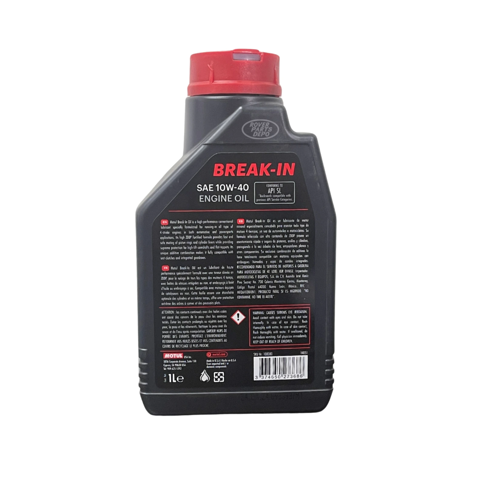 Back view of Motul 10W-40 mineral-based break-in oil 1 quart bottle – for Land Rover and Jaguar engines
