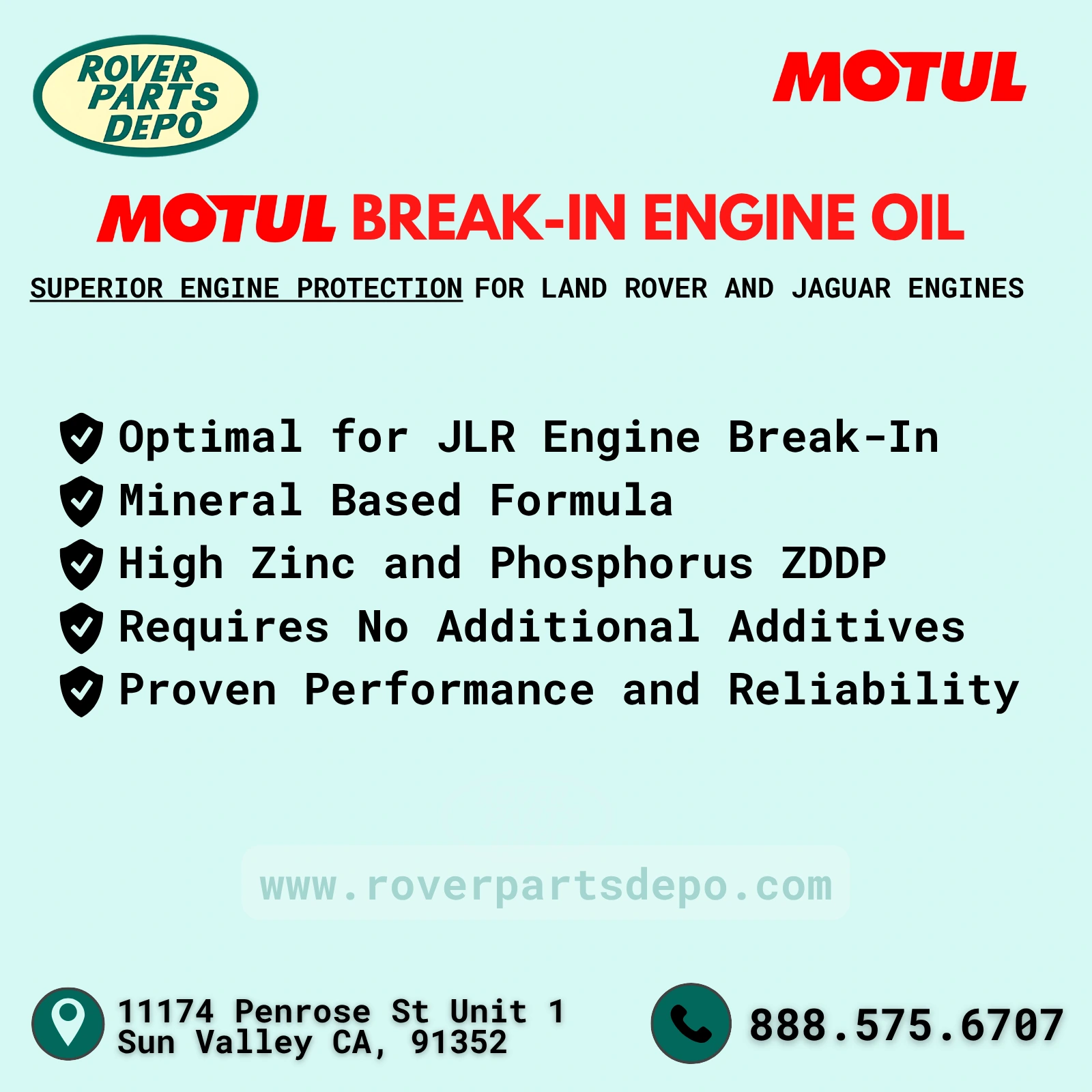 Motul engine break-in oil flyer – best break-in oil for Land Rover and Jaguar engines, sold at Rover Parts Depo