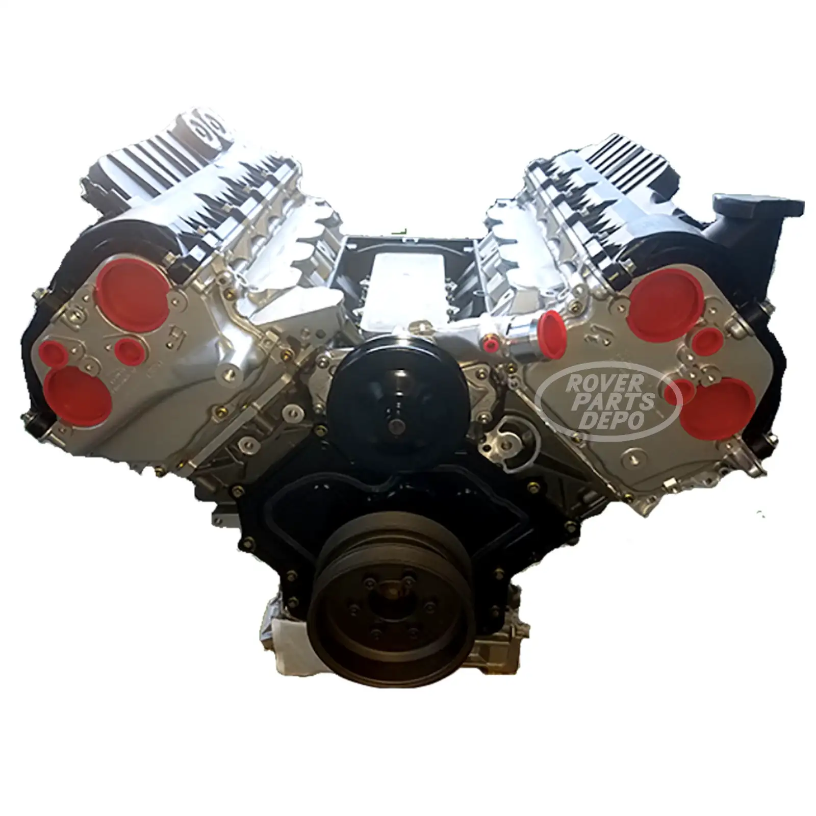 Side angle view of C2D49713 Jaguar 5.0L V8 Supercharged engine showing full assembly and supercharger for 2010–2012 XKR, XJ, XJL, XK, and XF models