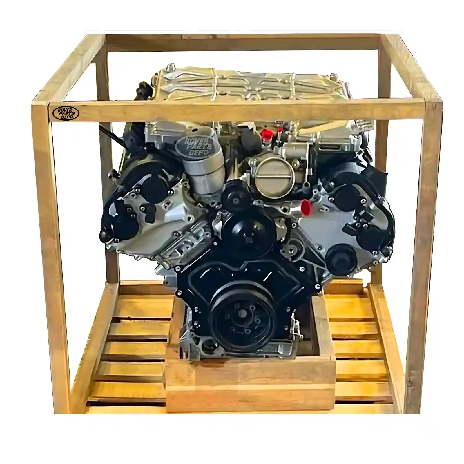 Jaguar XF RWD 3.0L Supercharged V6 engine securely packed inside shipping crate — Rover Parts Depo remanufactured in-house and ready for delivery