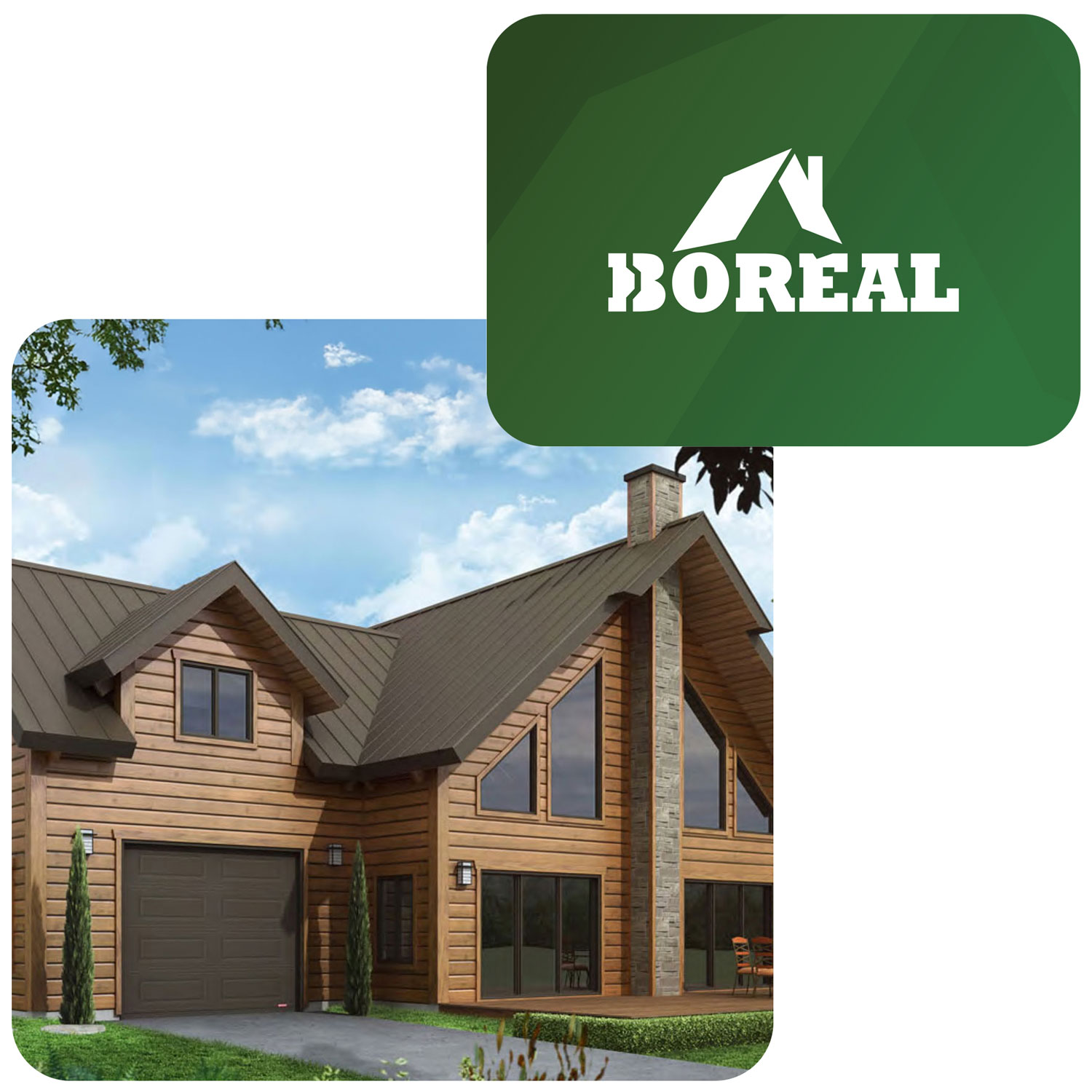 Maison en bois avec fenêtres en triangle, toiture en métal et cheminée en pierre.
