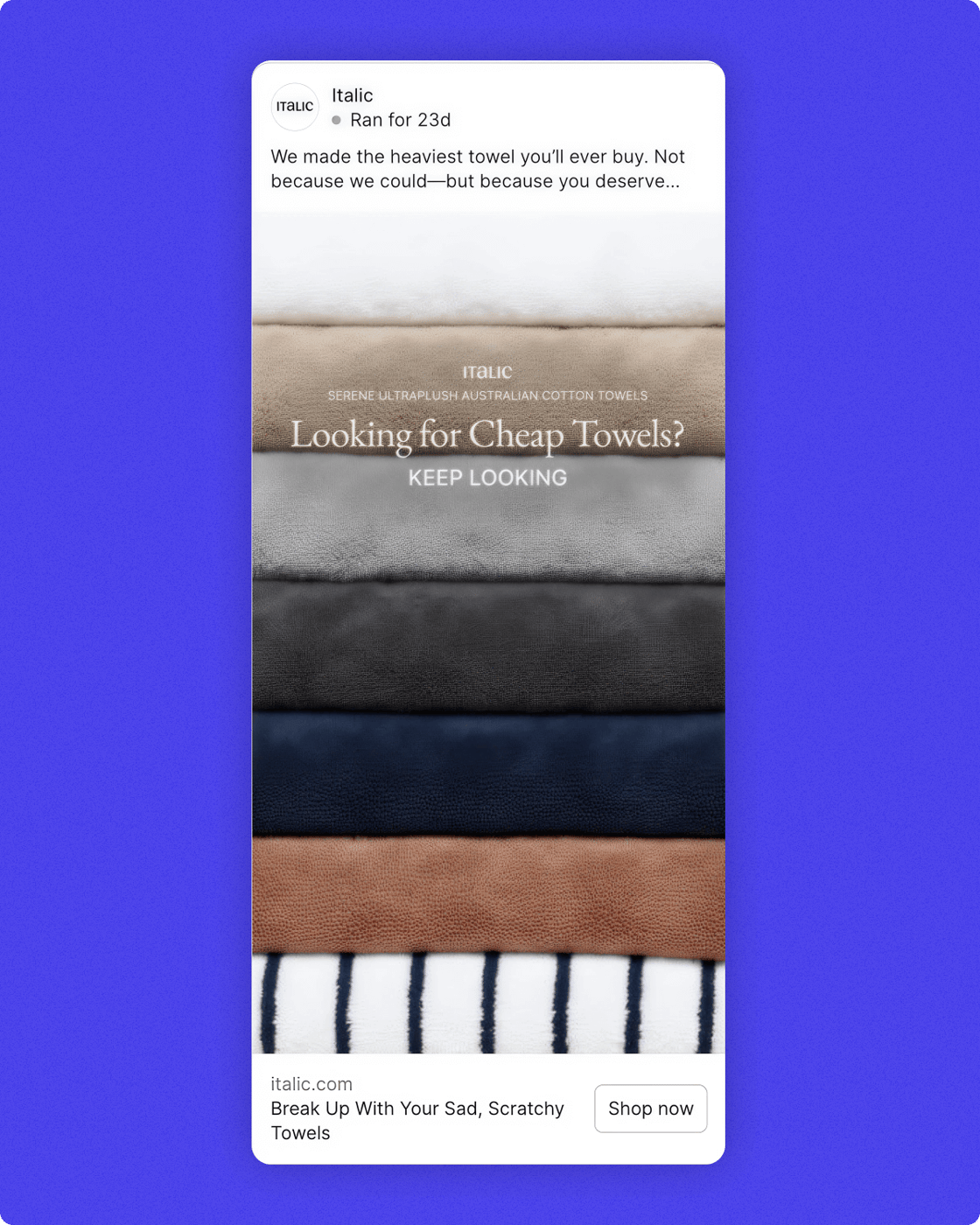 Italic towels "not cheap" ad