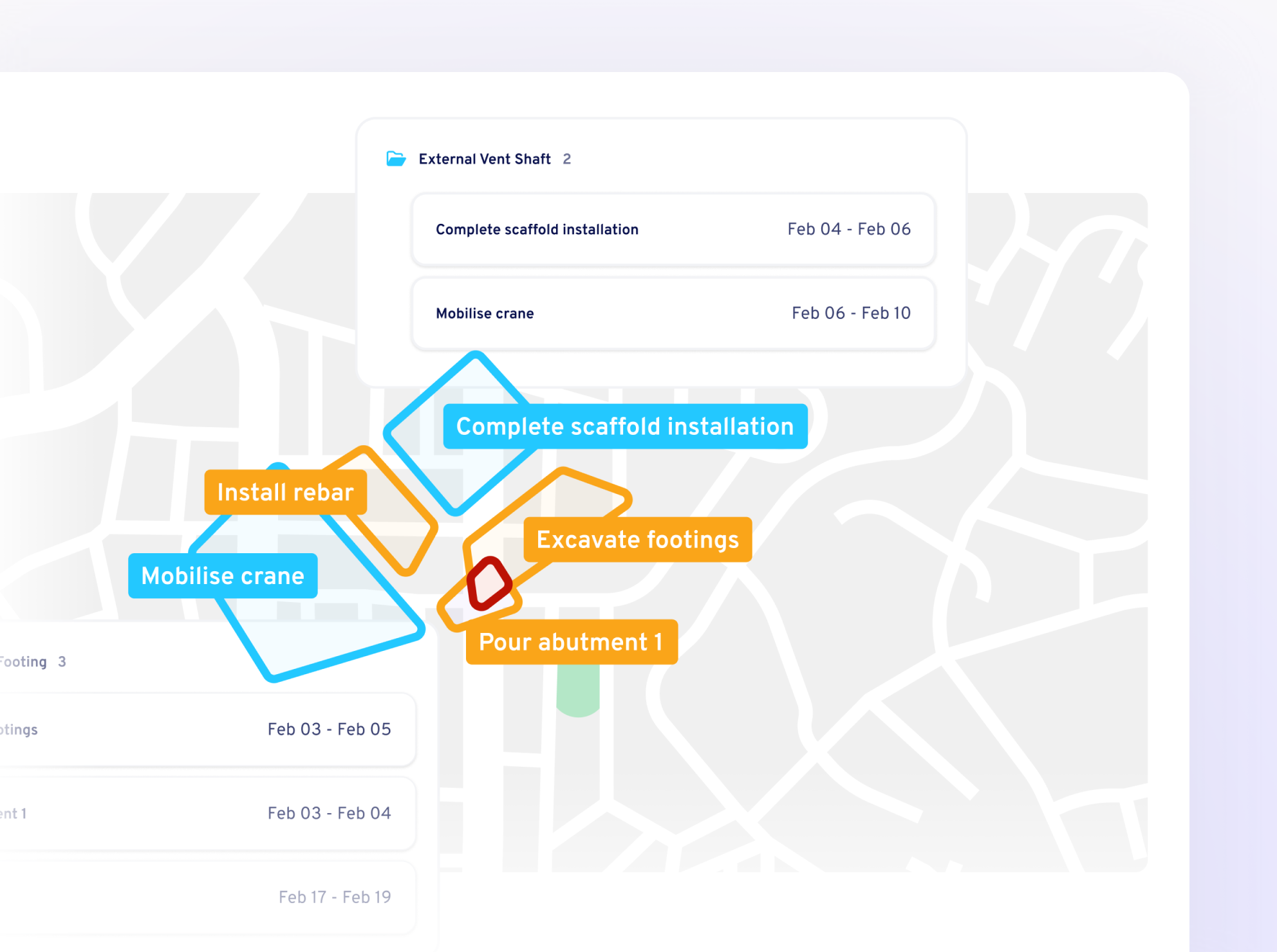 Map with colored labeled zones for construction tasks including complete scaffold installation, mobilise crane, install rebar, excavate footings, and pour abutment 1 with associated date ranges.