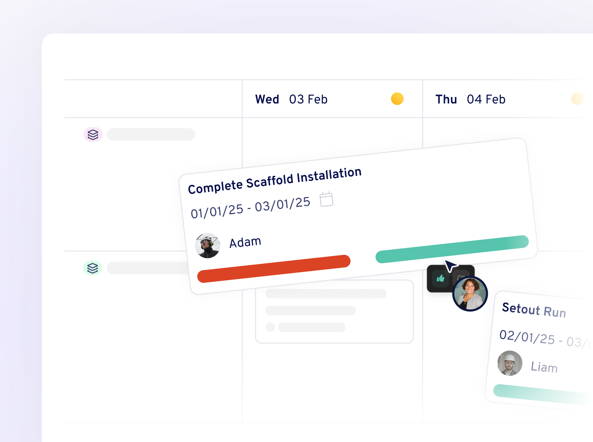 Project management timeline showing tasks Complete Scaffold Installation assigned to Adam from 01/01/25 to 03/01/25 and Setout Run assigned to Liam from 02/01/25, with progress bars and user avatars.