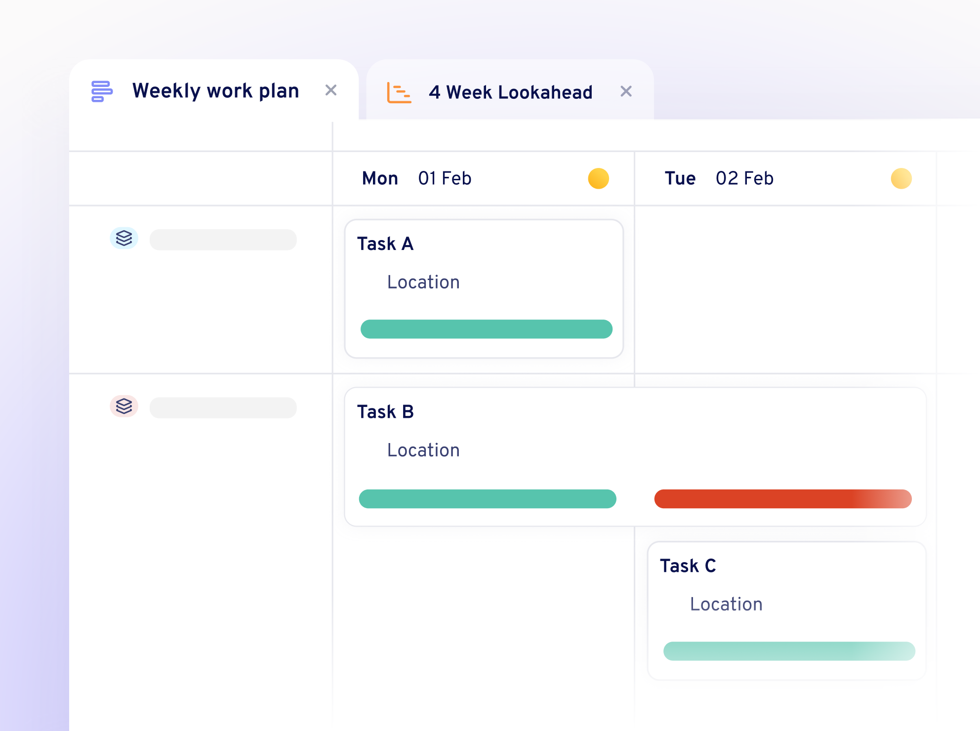 Weekly work plan table showing tasks with progress bars for Monday, 01 Feb and Tuesday, 02 Feb.