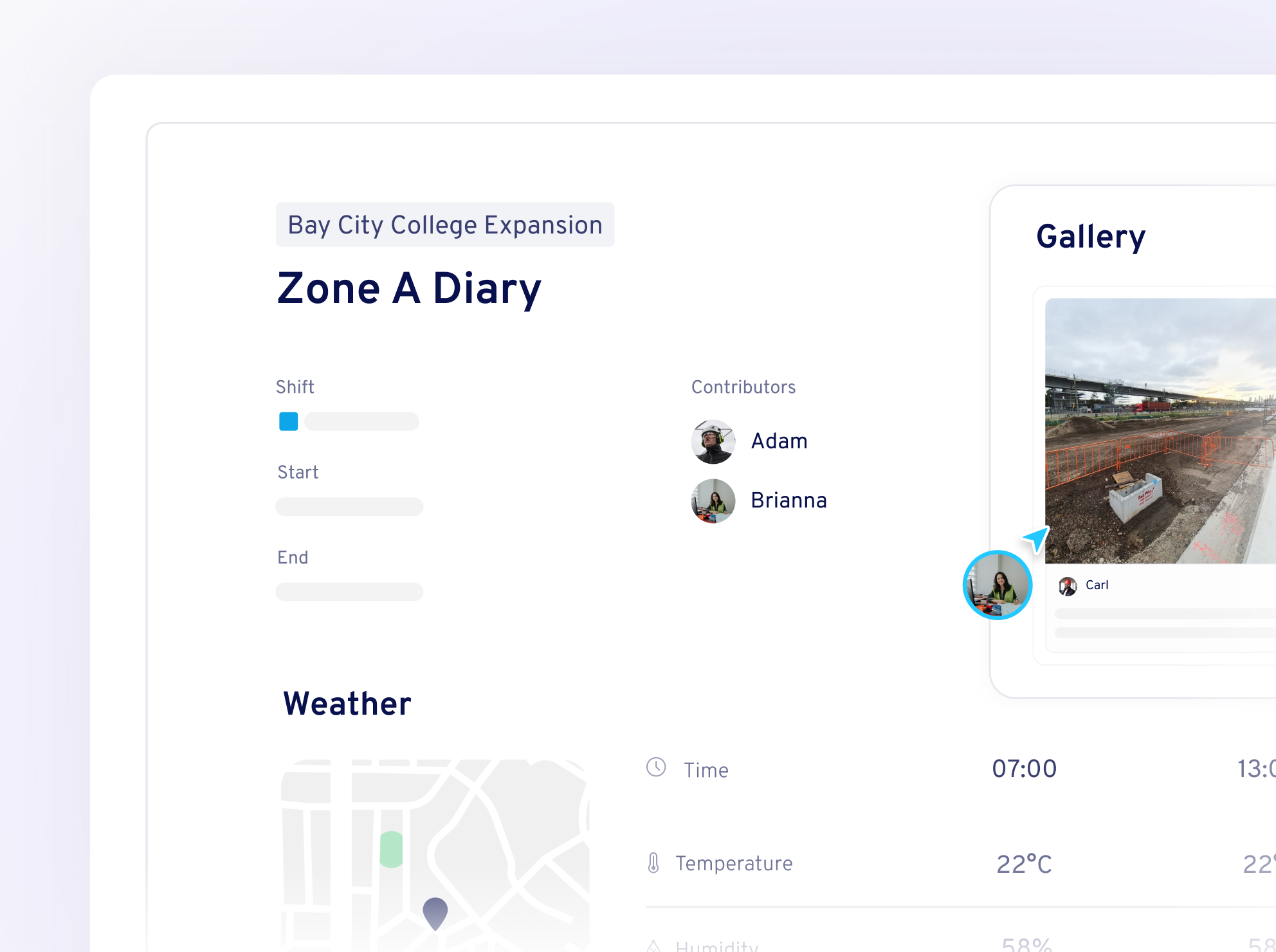 User interface showing Zone A Diary for Bay City College Expansion with contributors Adam and Brianna, weather data, and a construction site photo in the gallery.