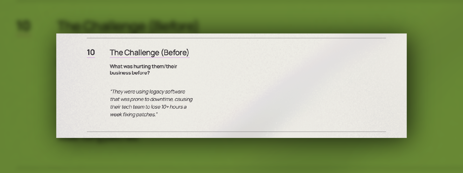 The Challenge section of a testimonial video brief detailing the client problem, solution narrative, and key results.