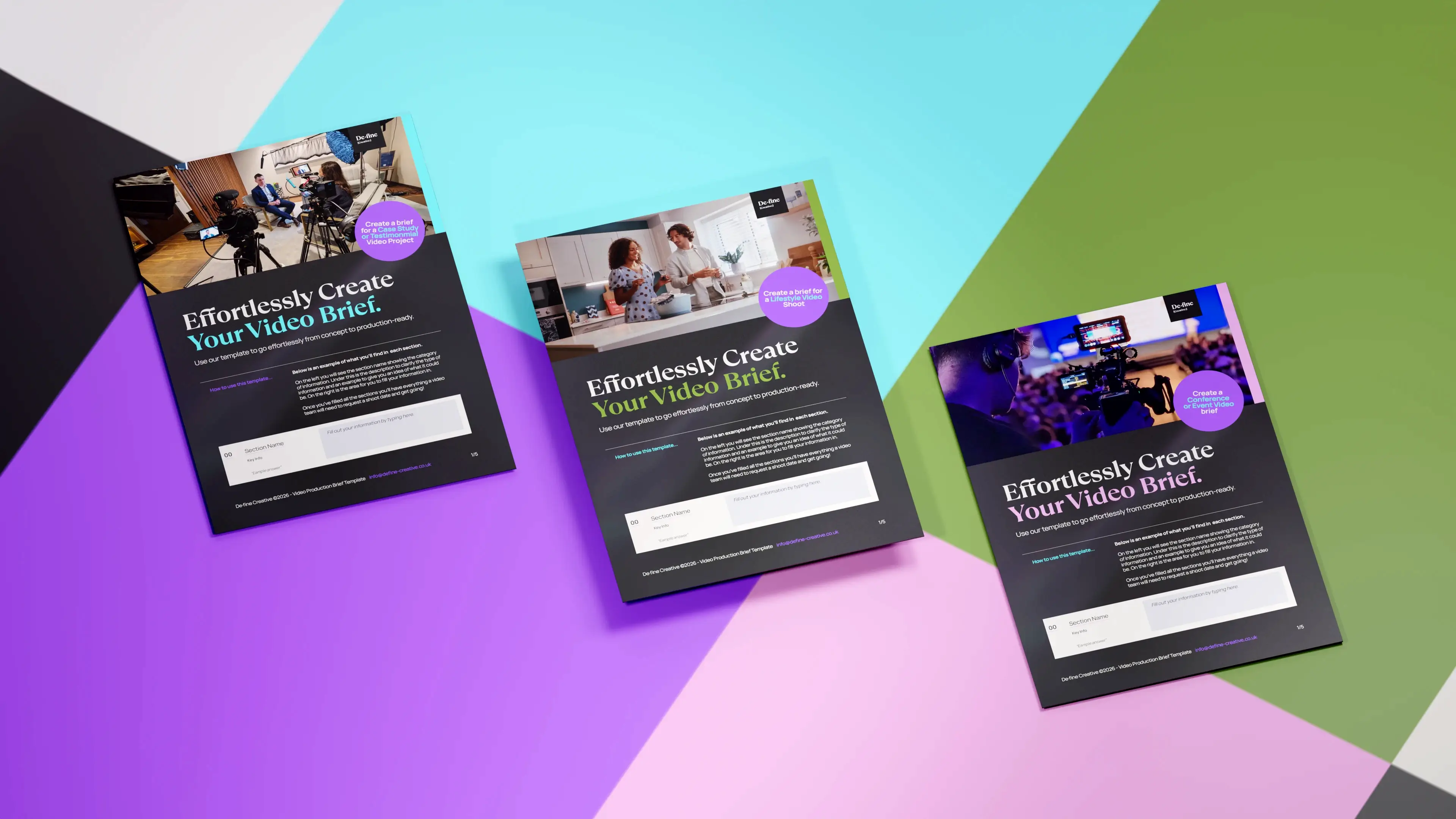 Preview of three specialized video brief templates for testimonial, event, and lifestyle video production projects.