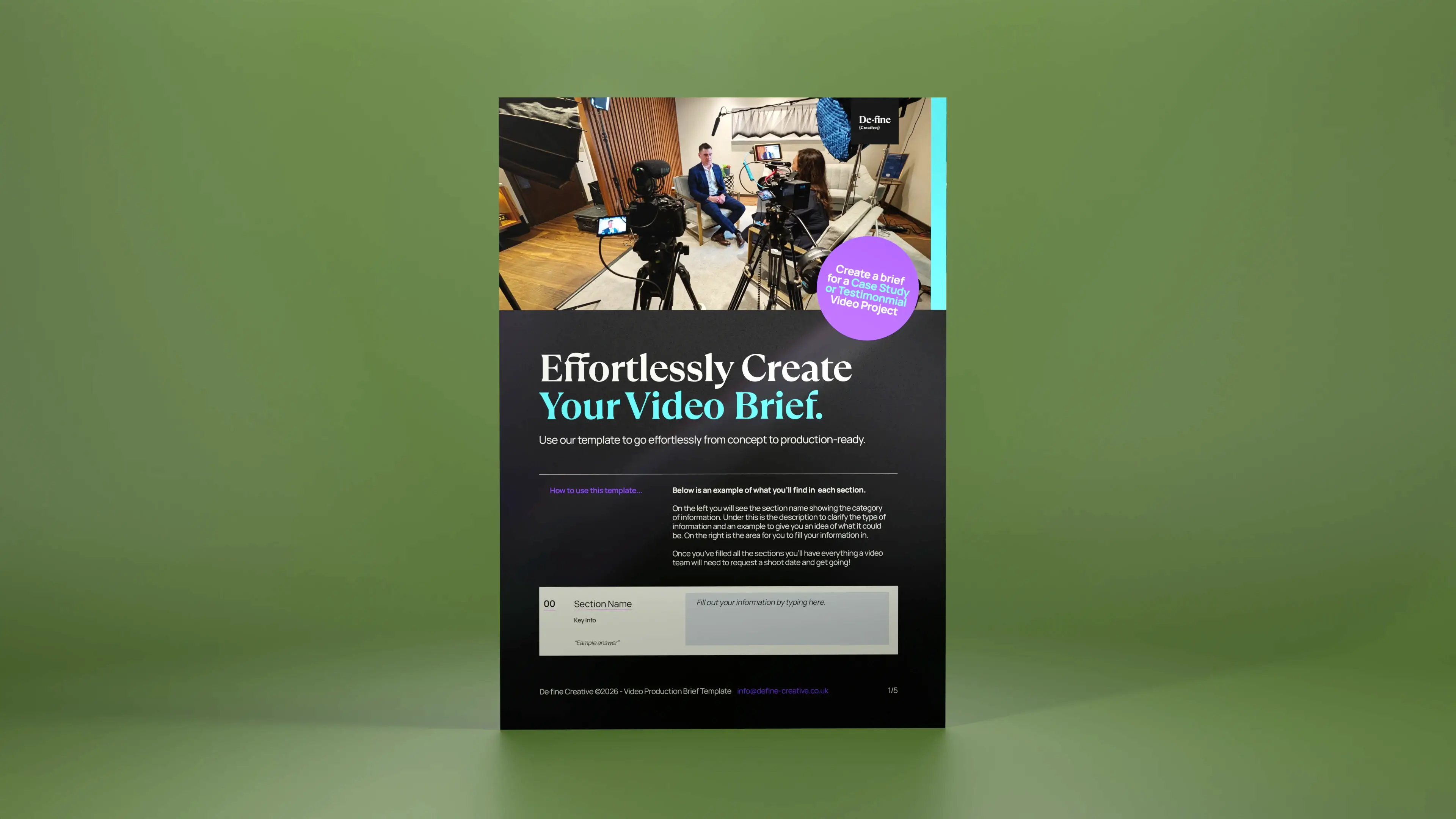 Testimonial and case study video brief template for capturing client interviews, success metrics, and customer stories.
