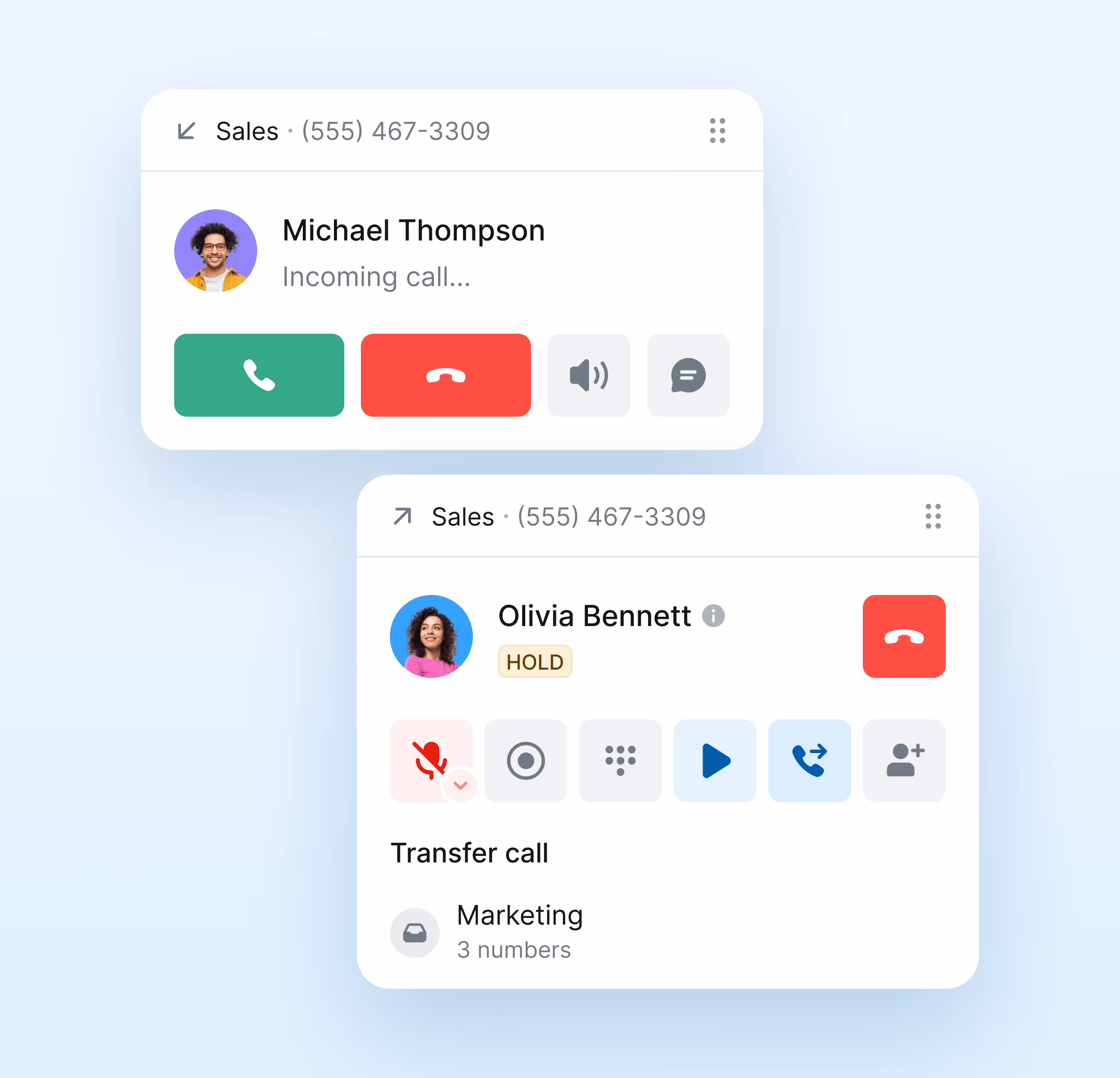 Active business call in Salesmsg with call recording and contact details