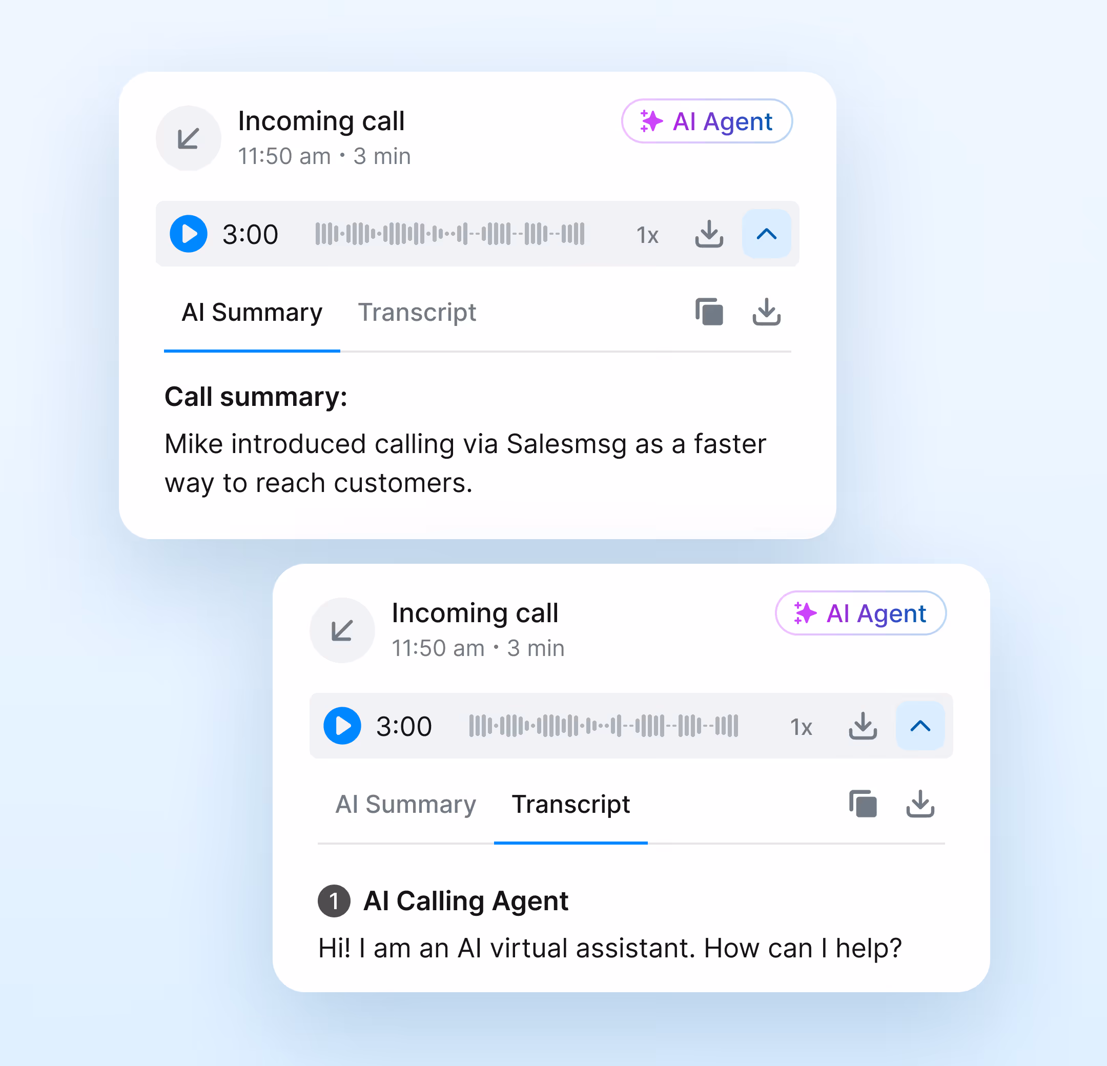AI call summary and transcript in Salesmsg with key points and next steps
