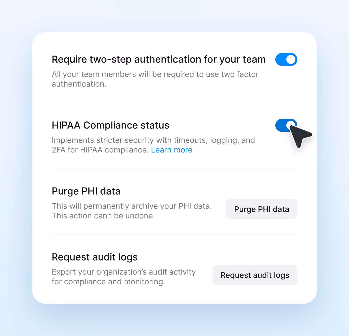 image of toggling hipaa compliant status