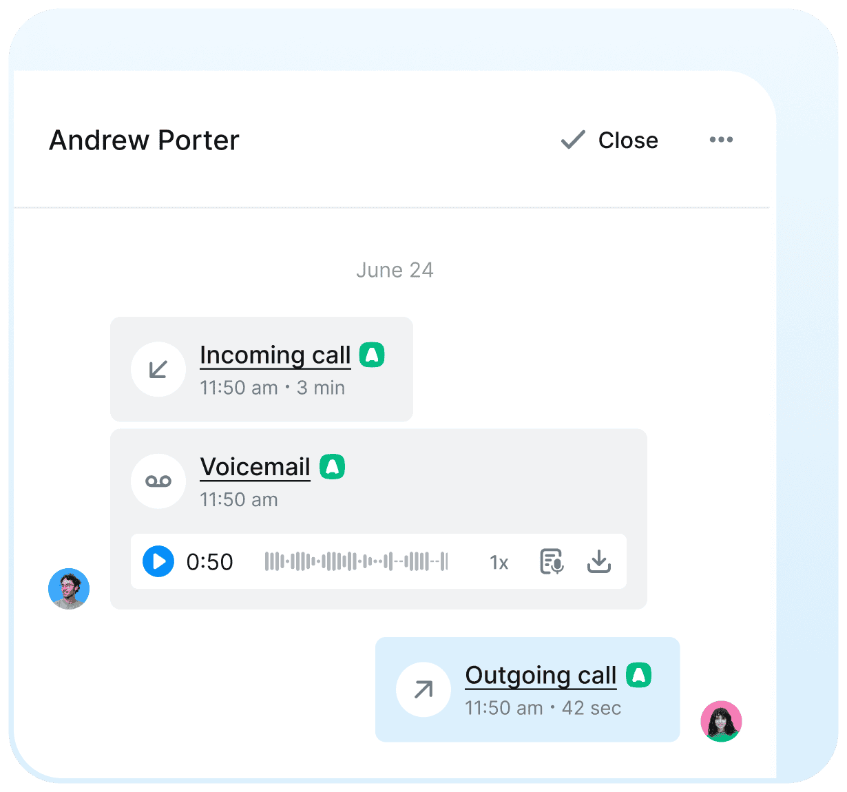 Aircall calls and Salesmsg SMS in one contact timeline