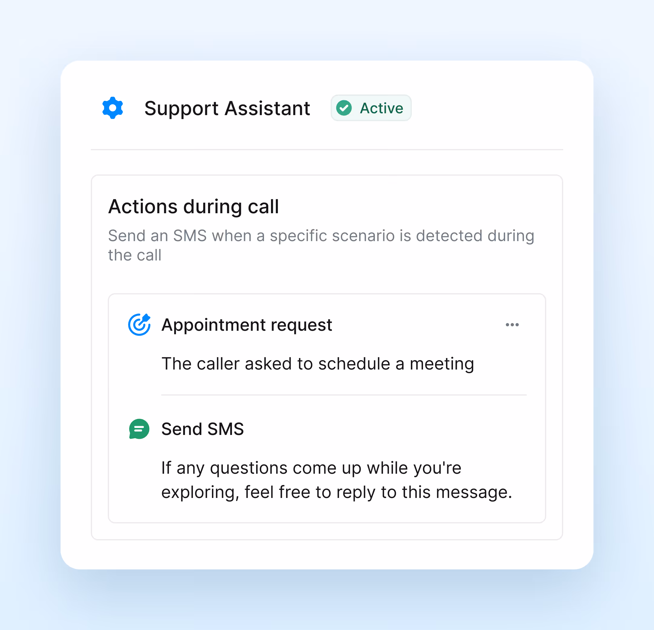 Image of an ai agent taking actions during the call and summarizing them