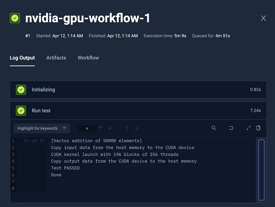 Testkube workflow logs showing GPU memory and model serving state