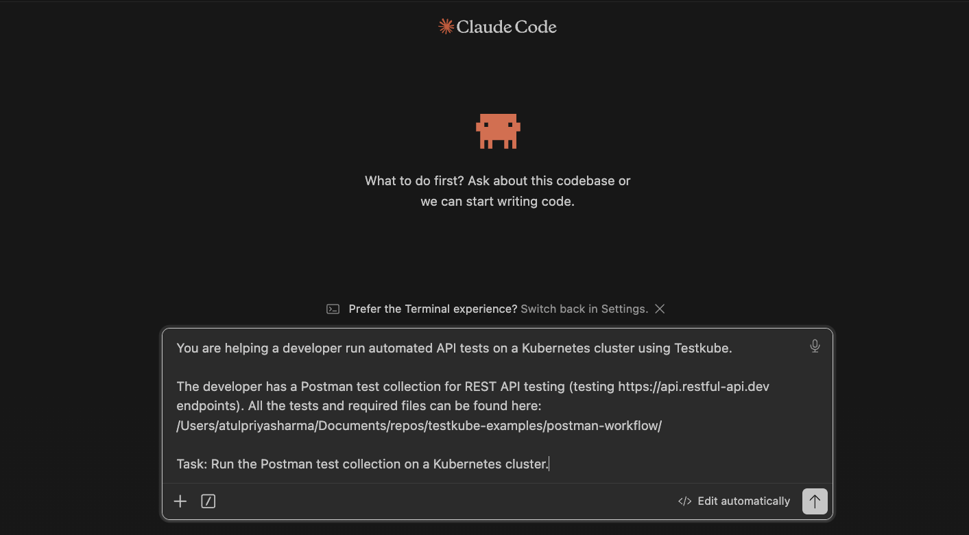 Claude Code prompt asking the agent to run a Postman test collection on a Kubernetes cluster using Testkube