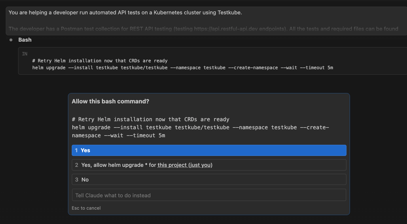 Claude Code without skills manually retrying a Helm install of Testkube and asking permission to run the command
