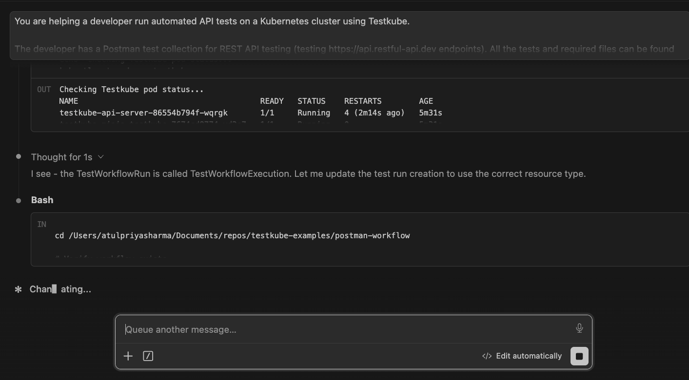 Claude Code without skills checking Testkube pod status and adjusting its approach to find the TestWorkflowExecution