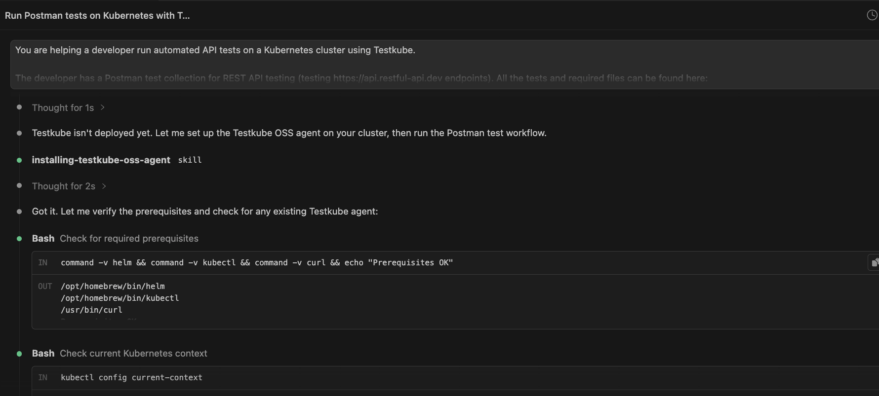 Claude Code with Testkube Agent Skills invoking the installing-testkube-oss-agent skill and checking prerequisites