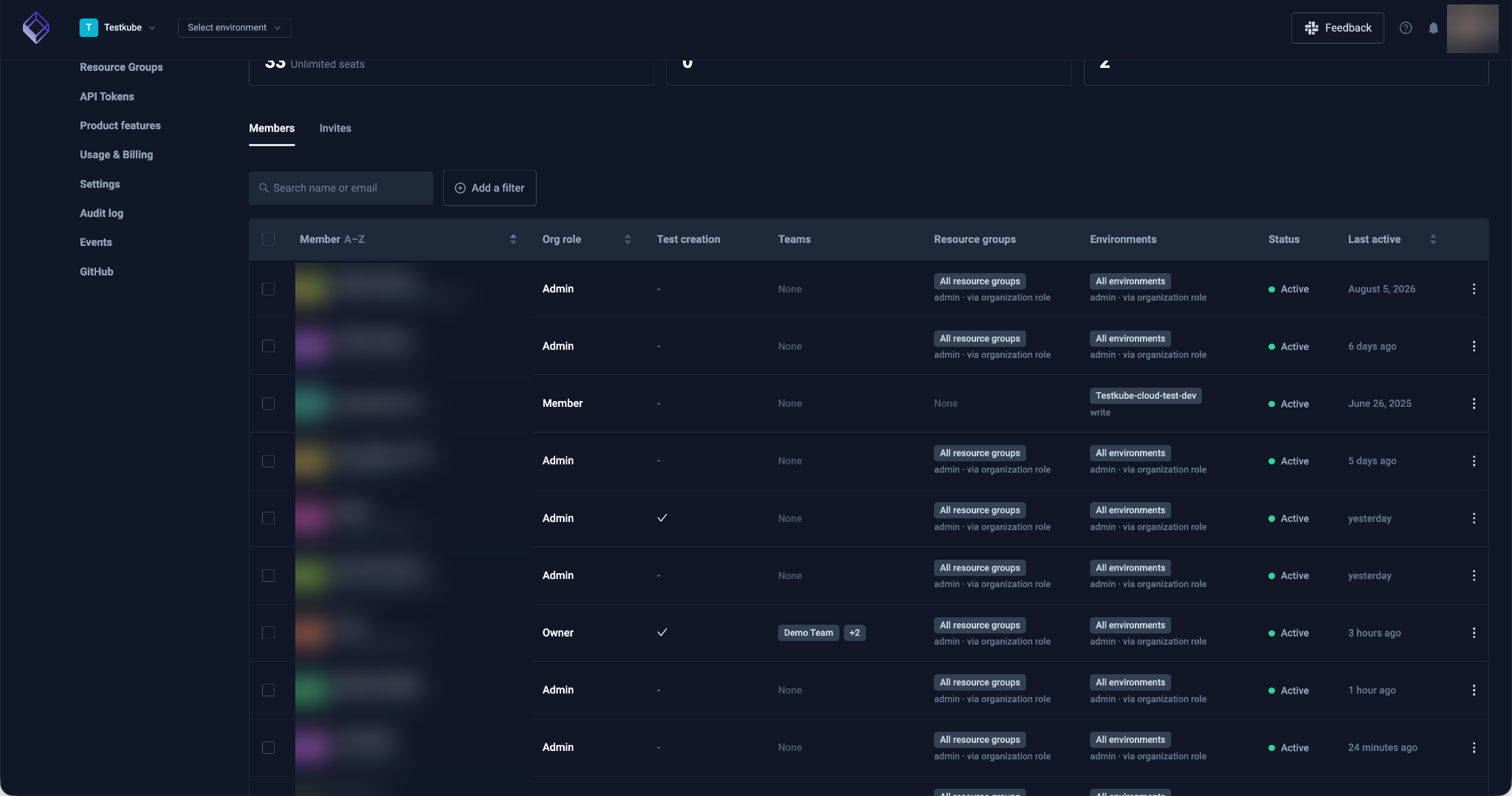 Testkube organization user management screen with member search, filters, org roles, resource groups, and environment permissions
