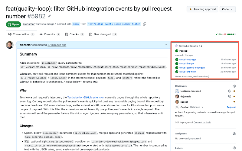 Testkube for GitHub Chrome extension showing Testkube test results inside a GitHub pull request