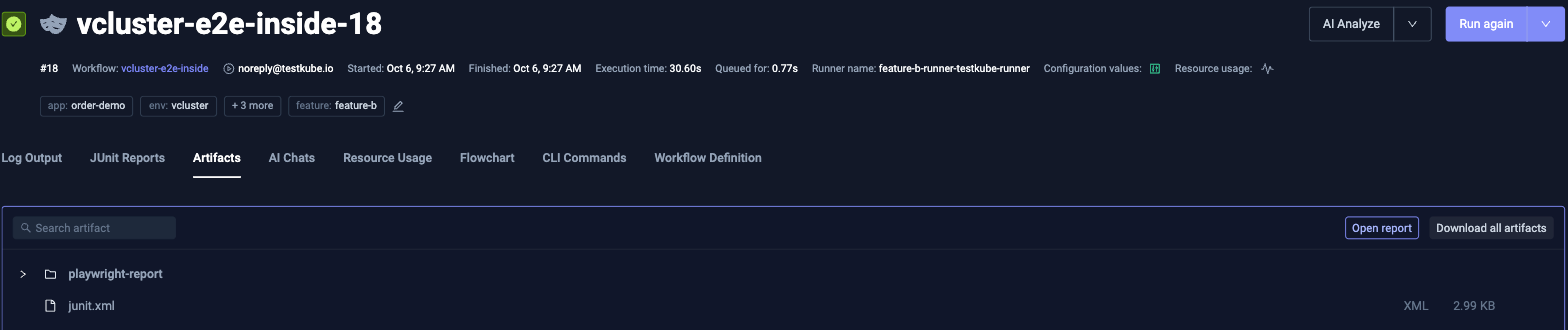 Testkube execution detail showing a Playwright HTML report and JUnit results saved as artifacts