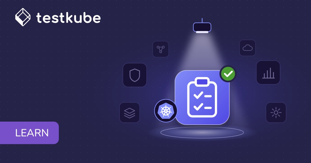 Spotlight shining on a Kubernetes testing checklist tile, showing testing deserves attention at KubeCon Europe
