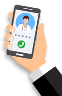 Cartoon hand holding a phone with a doctor on the screen